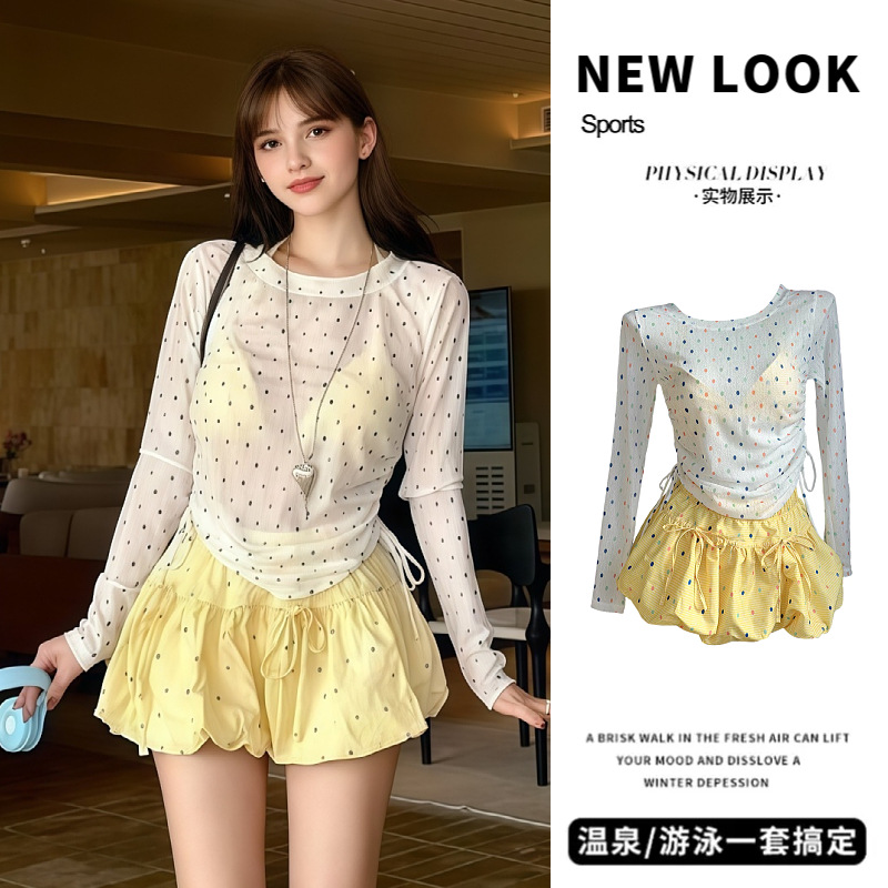 13729313.巴洛尼莫多巴胺甜美风波点分体泳衣女三件套保守遮肚罩衫长袖度假温泉泳装YY77238