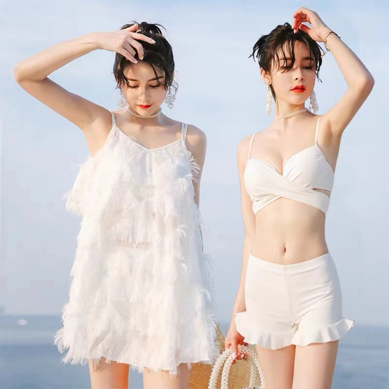 13730939.巴洛尼莫夏季新款分体比基尼三件套羽毛温泉显瘦遮肚仙女范泳衣YY9213