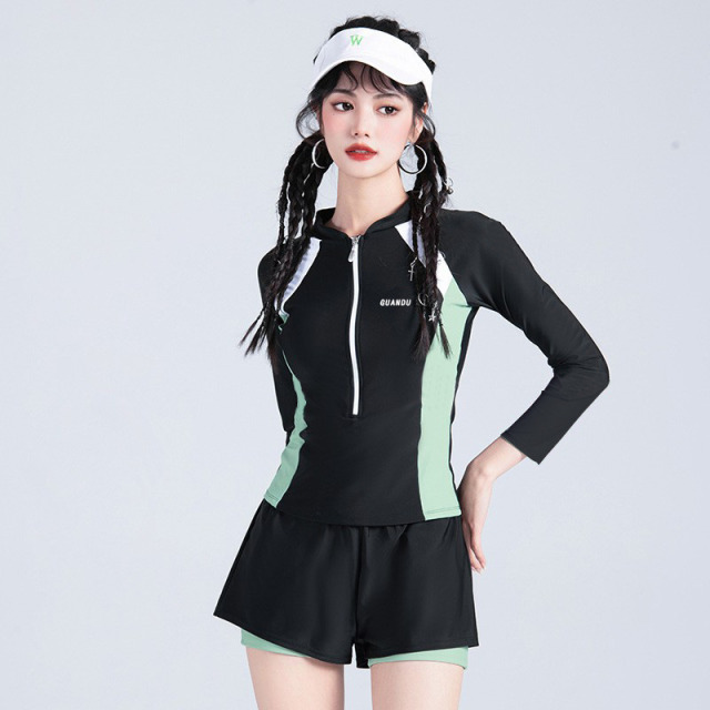 13733502.【超值六件套】巴洛尼莫新款游泳衣女长袖保守显瘦遮肚运动训练甜妹温泉少女学生泳装YY39006