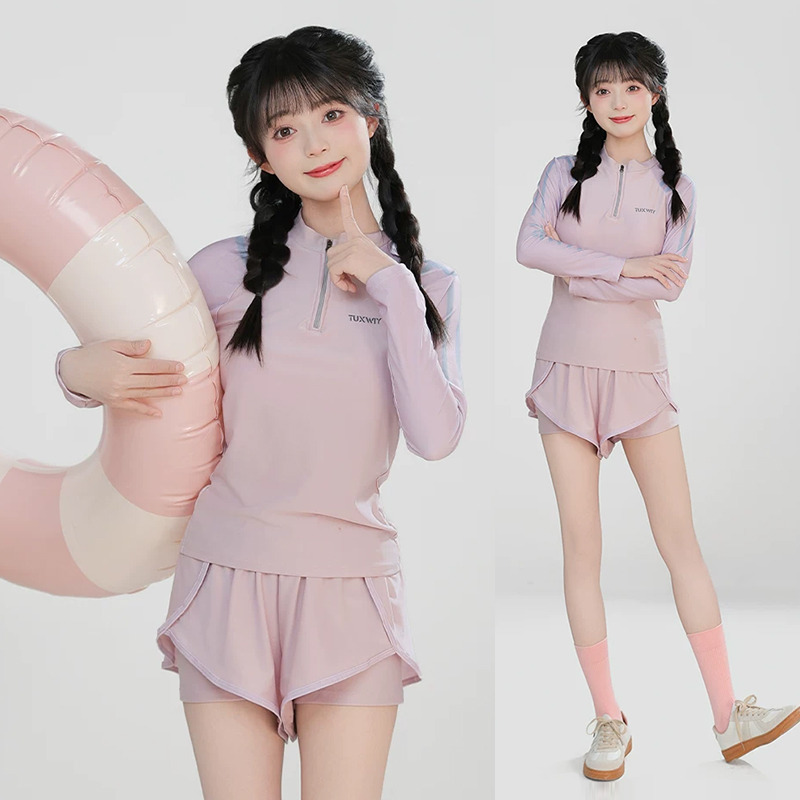 13733470.巴洛尼莫新款女士分体长袖两件套运动休闲防晒少女保守显瘦泳装女YY2518