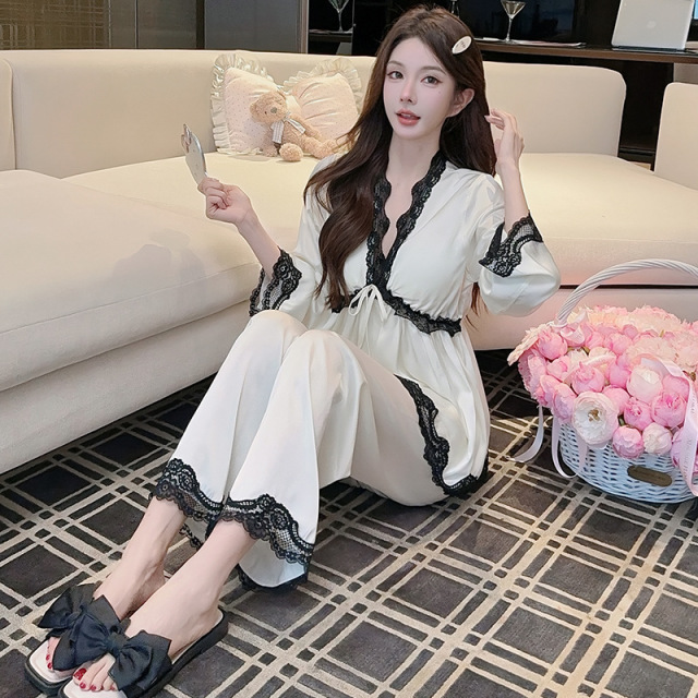 13835845.巴洛尼莫女士冰丝睡衣套装蕾丝花边长袖家居服春秋款可外穿法式优雅睡袍JJF1118