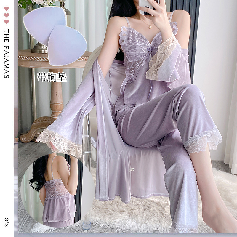 13835962.巴洛尼莫舒适家居服蝴蝶金丝绒睡衣女性感带胸垫金丝绒吊带睡裙睡袍三件套JJF512