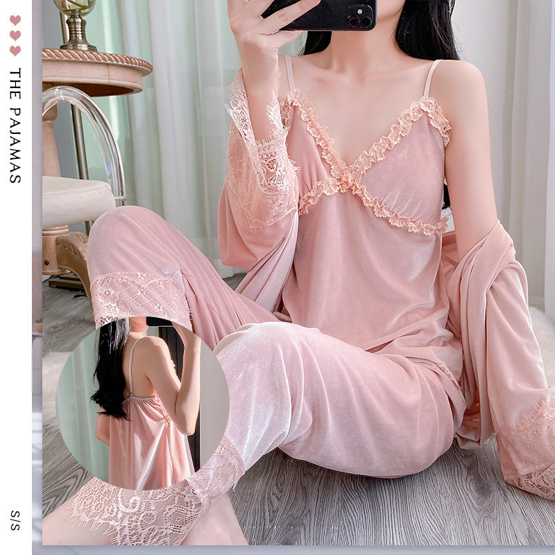 13835828.巴洛尼莫睡衣三件套女法式简约睡衣蕾丝纯欲性感时尚吊带睡裤家居服JJF513
