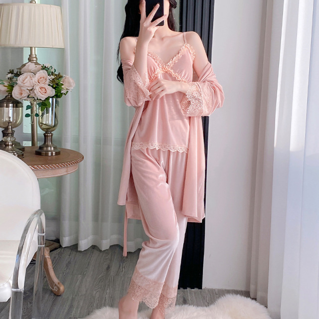 13835828.巴洛尼莫睡衣三件套女法式简约睡衣蕾丝纯欲性感时尚吊带睡裤家居服JJF513