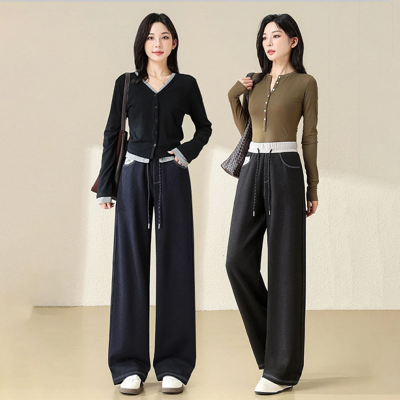 13844915.巴洛尼莫秋季新款复古拼接牛仔裤女高腰显瘦阔腿裤宽松垂感直筒抽绳休闲裤KZ055