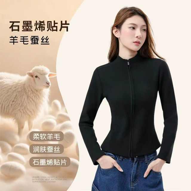 13845192.巴洛尼莫秋冬新款羊毛蚕丝瑜伽外套女加绒加厚修身显瘦保暖立领双拉链外套WTAA066