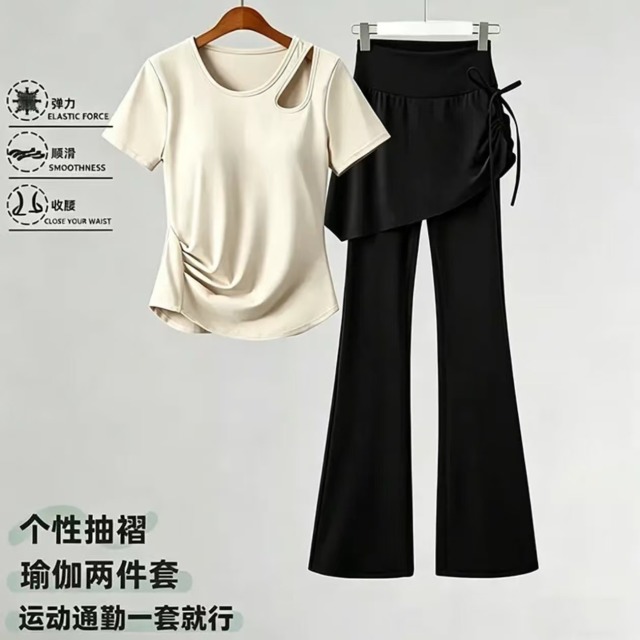 13855848.巴洛尼莫瑜伽服套装夏季短袖镂空假两件微喇裤普拉提健身跑步修身套装女TZ407-2