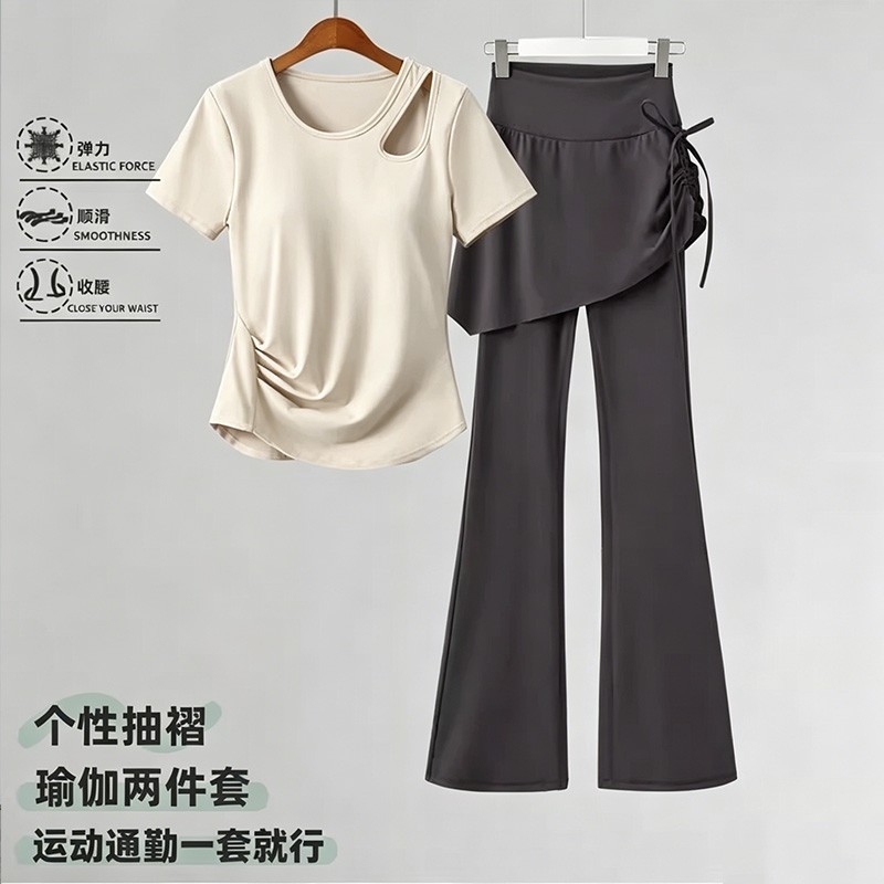 13855848.巴洛尼莫瑜伽服套装夏季短袖镂空假两件微喇裤普拉提健身跑步修身套装女TZ407-2