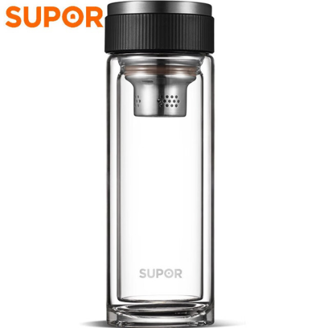 11768757.苏泊尔(SUPOR)苏泊尔玻璃杯双层透明茶杯便携高档水杯男士商务杯办公室泡茶杯子 KC33DV10乌木黑330ML
