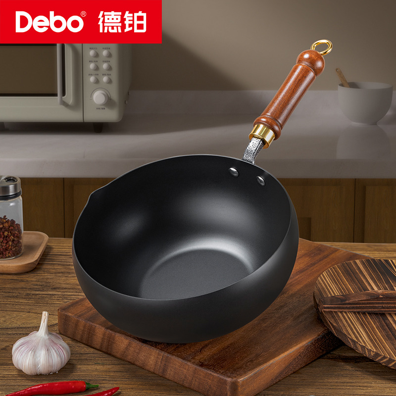12471469.【优选】Debo德铂格鲁曼大肚铁锅家用0涂层炒锅 玻璃盖24cm