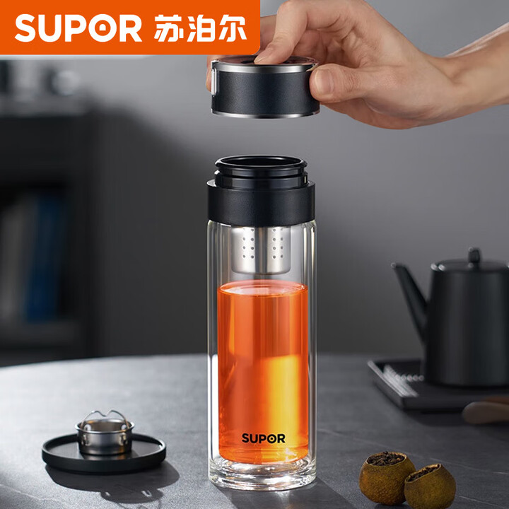 12590372.苏泊尔(SUPOR)男士玻璃泡茶杯车载便携水杯茶水分离一键秒开KCG35BU10 350ML行砚黑