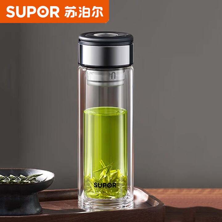 12589985.苏泊尔(SUPOR) 玻璃杯双层玻璃提环杯水杯泡茶杯男女玻璃杯耐高温茶水分离茶杯 KCG40BR10行砚黑 400ml