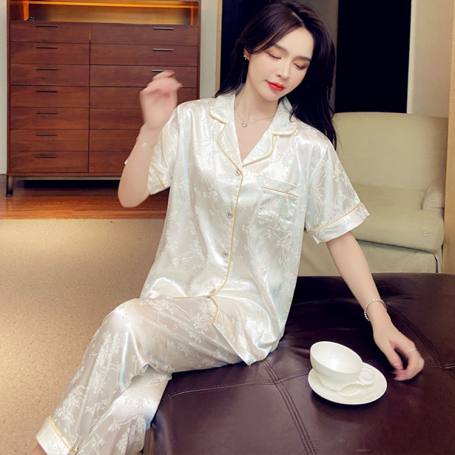 13622533.诗瑞妃冰丝睡衣女夏季短袖长裤两件套高级感提花仿真丝绸开衫家居服
