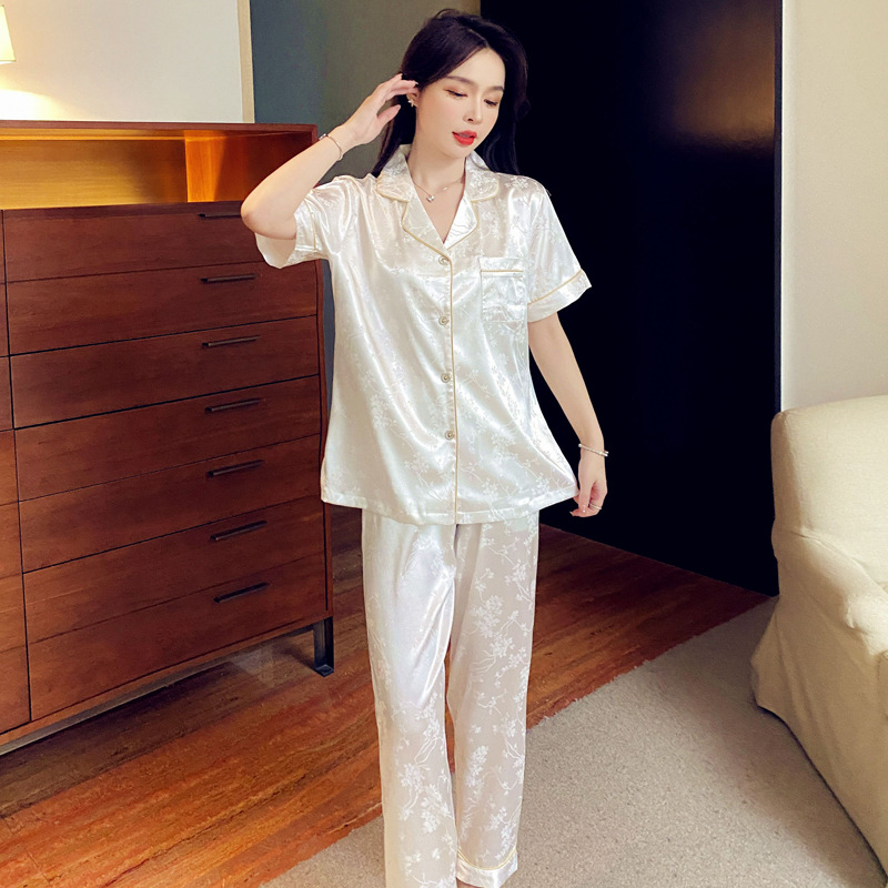 13622533.诗瑞妃冰丝睡衣女夏季短袖长裤两件套高级感提花仿真丝绸开衫家居服