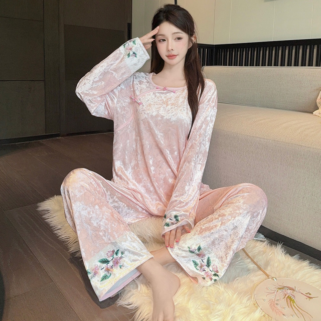 13834737.诗瑞妃秋冬季新款新中式国风睡衣女花卉钻石绒长袖金丝绒甜美家居服套装