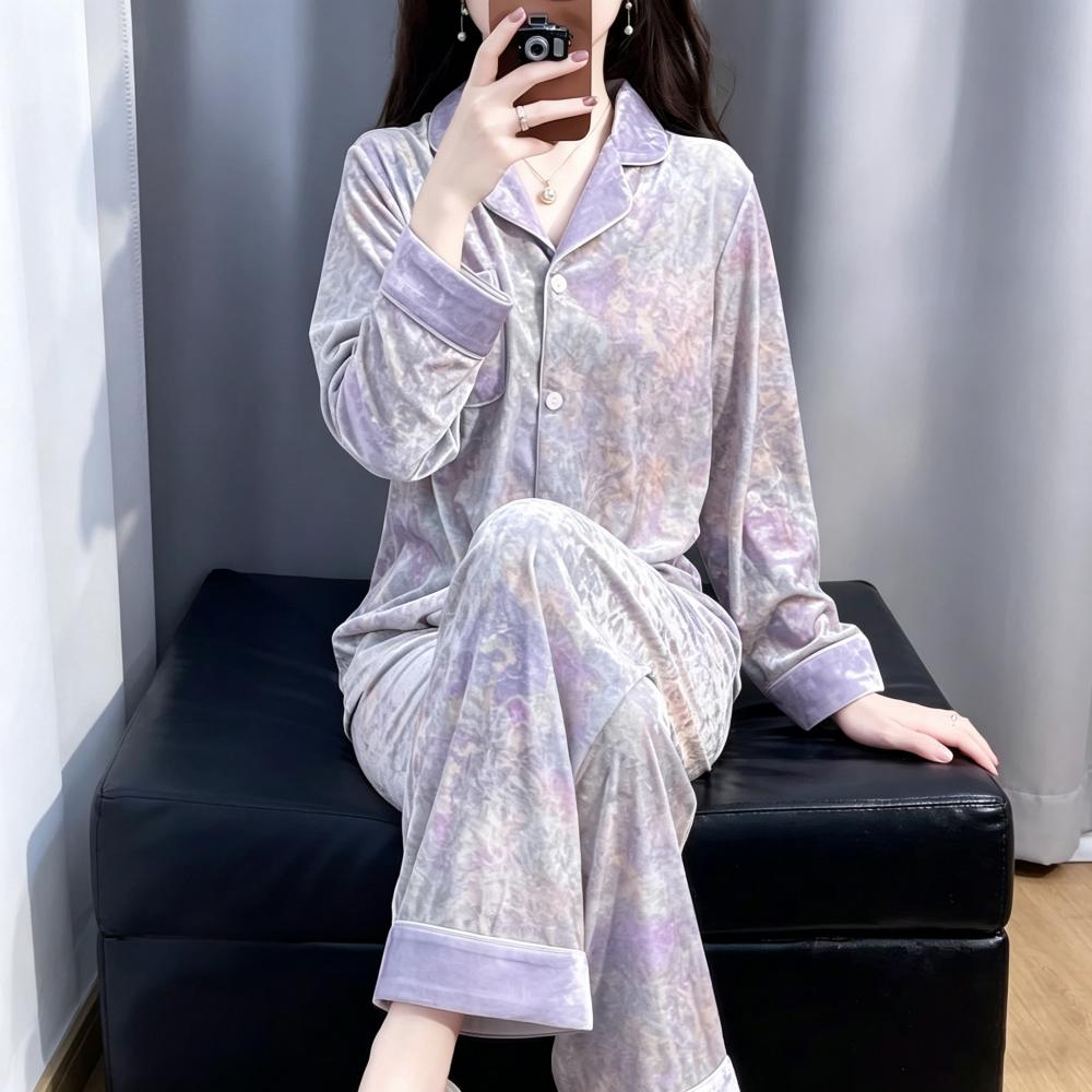 13834742.诗瑞妃金丝绒睡衣女秋冬季新款晕染扎染高级感翻领开衫长袖阔腿家居服套装可外穿
