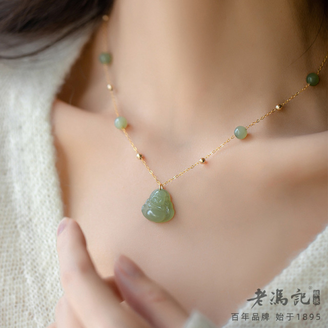 10940565.和田玉石弥勒佛佛公吊坠夏季14k包金项链女锁骨链