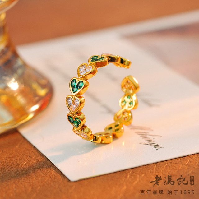 11791368.真金电镀微镶锆石开口戒指小众祖母绿桃心