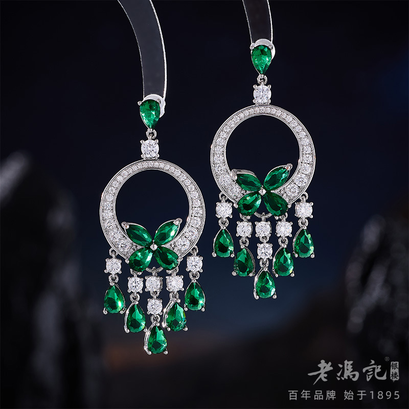 12448383.爆款高级感微镶锆石绿蝴蝶流苏耳环s925银针