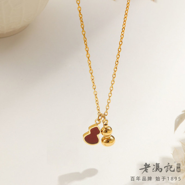 13641430.小众设计双葫芦项链女镀18k金红葫芦吊坠立体感不掉色锁骨链