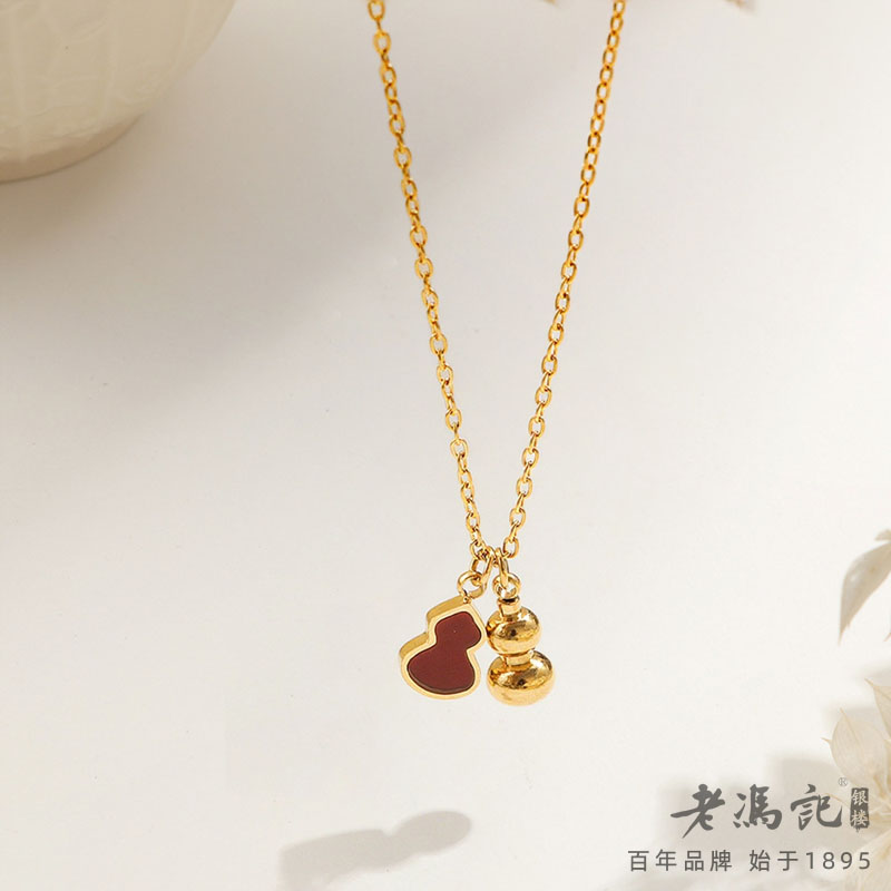 13641430.小众设计双葫芦项链女镀18k金红葫芦吊坠立体感不掉色锁骨链