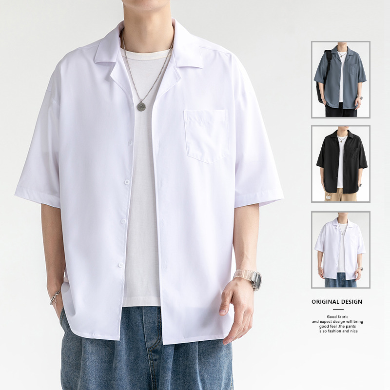 10691662.龙中龙 五分短袖衬衫男士夏季新款ins潮流港风时尚青少年衬衣外套男
