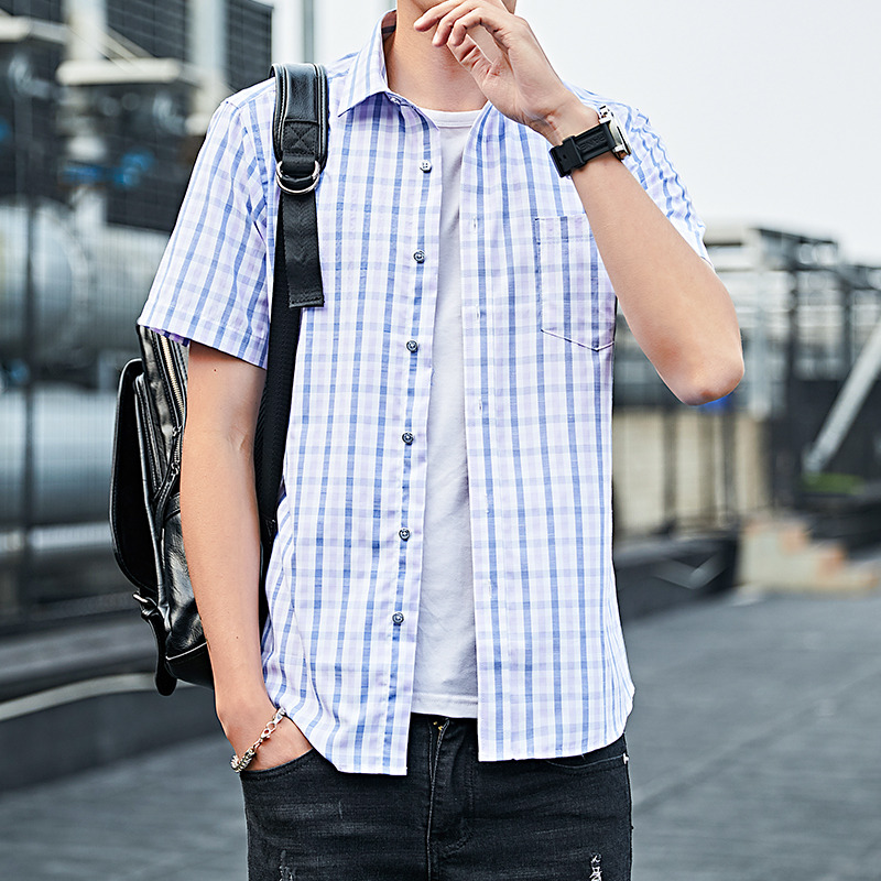 10697584.龙中龙 青年男士夏季新款商务短袖衬衫休闲格子衬衣