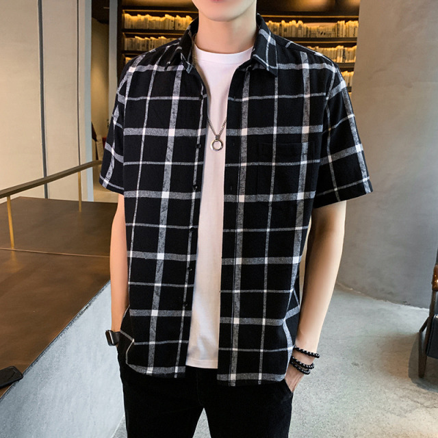 10698247.龙中龙 格子短袖衬衫男生夏季款宽松半袖潮流休闲外套衬衣男士