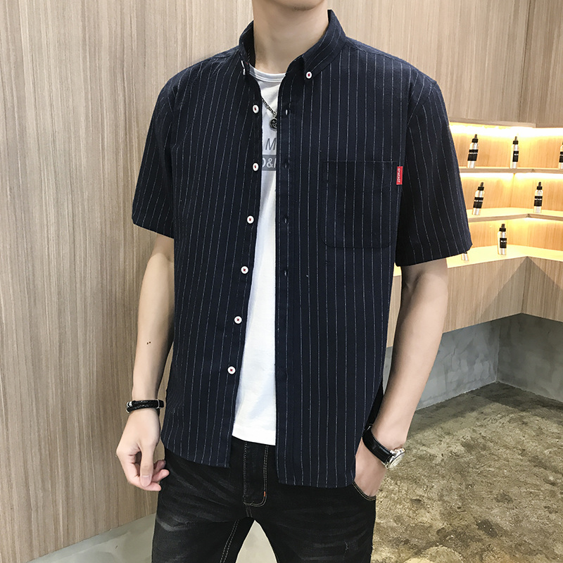 10697831.龙中龙 条纹短袖衬衫男士休闲五分袖上衣夏季新款半袖衬衣男潮