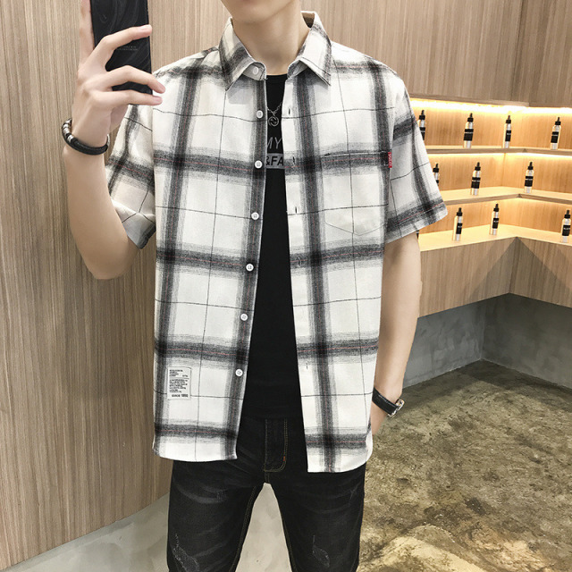 10697752.龙中龙 格子短袖衬衫男士夏季薄款潮流五分袖上衣休闲半袖衬衣外套男