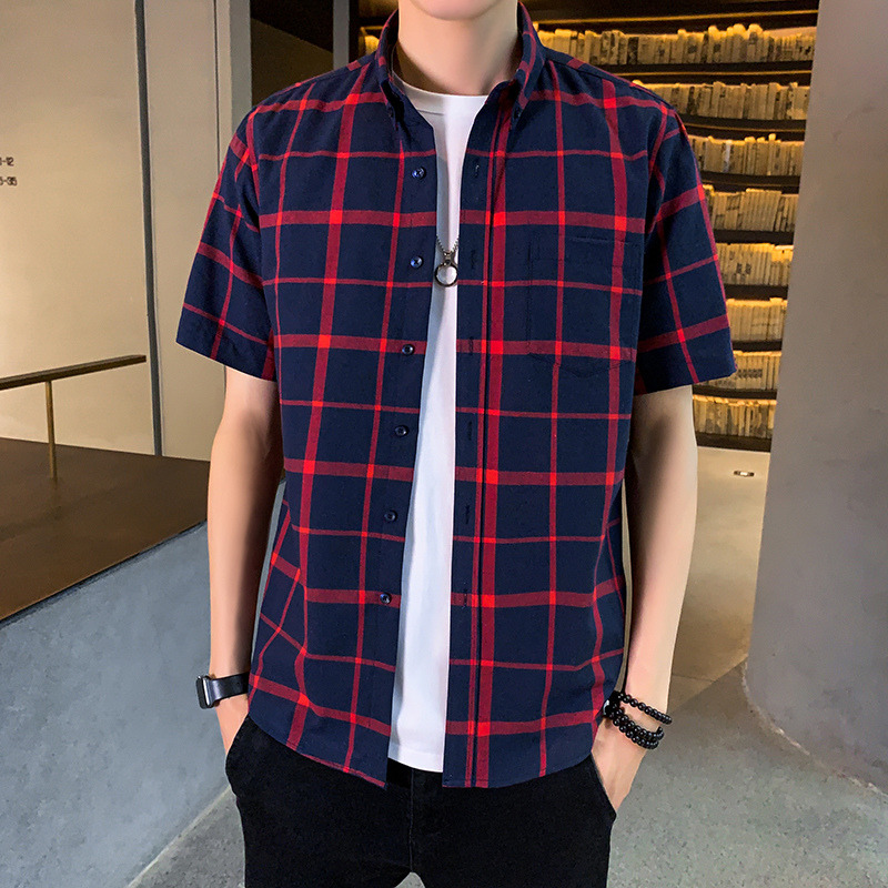 10698247.龙中龙 格子短袖衬衫男生夏季款宽松半袖潮流休闲外套衬衣男士