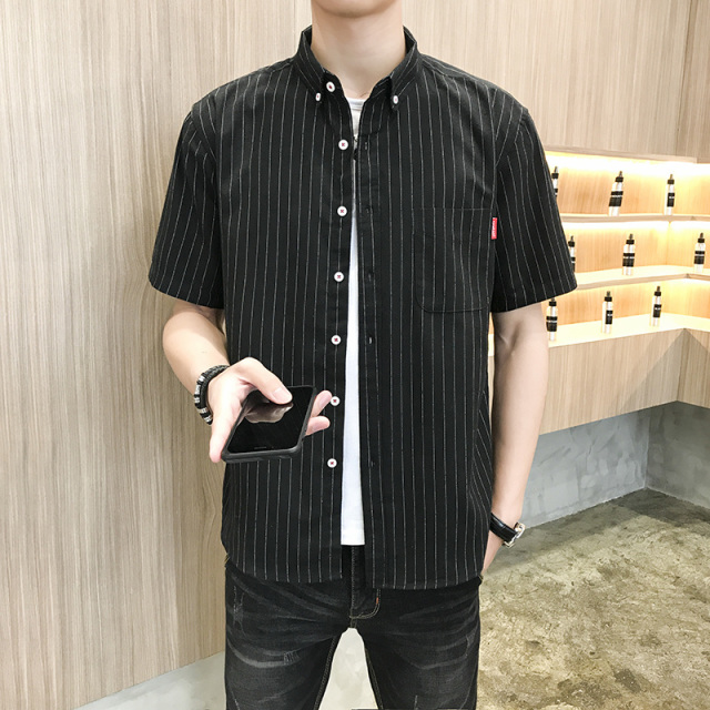 10697831.龙中龙 条纹短袖衬衫男士休闲五分袖上衣夏季新款半袖衬衣男潮