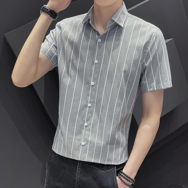 10698362.龙中龙 休闲衬衫男士条纹寸衫外套夏季新款潮流短袖衬衣男装