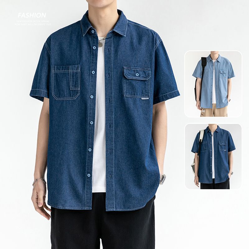 10697962.龙中龙 牛仔短袖衬衫男士寸衫外套夏季新薄款潮流休闲半袖衬衣男