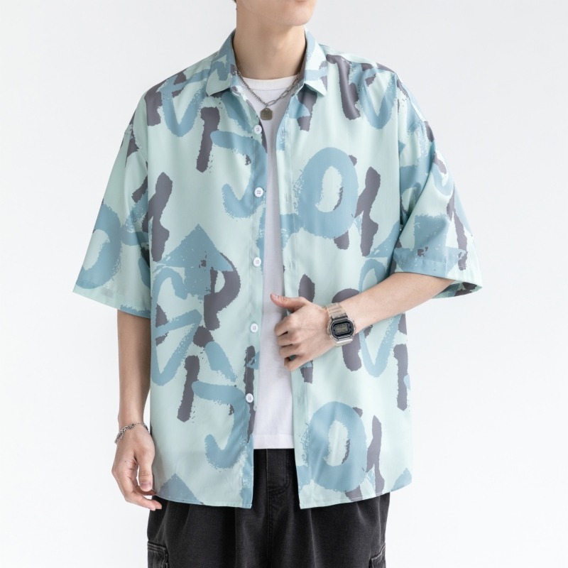 10697375.龙中龙 短袖衬衫男夏季潮牌宽松字母印花五分袖衬衣外套男生休闲百搭中袖