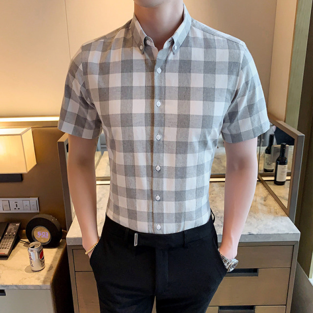 10698105.龙中龙 男士夏季格子衬衫短袖衣服休闲外套新款潮流衬衣男