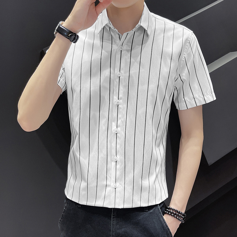 10698362.龙中龙 休闲衬衫男士条纹寸衫外套夏季新款潮流短袖衬衣男装