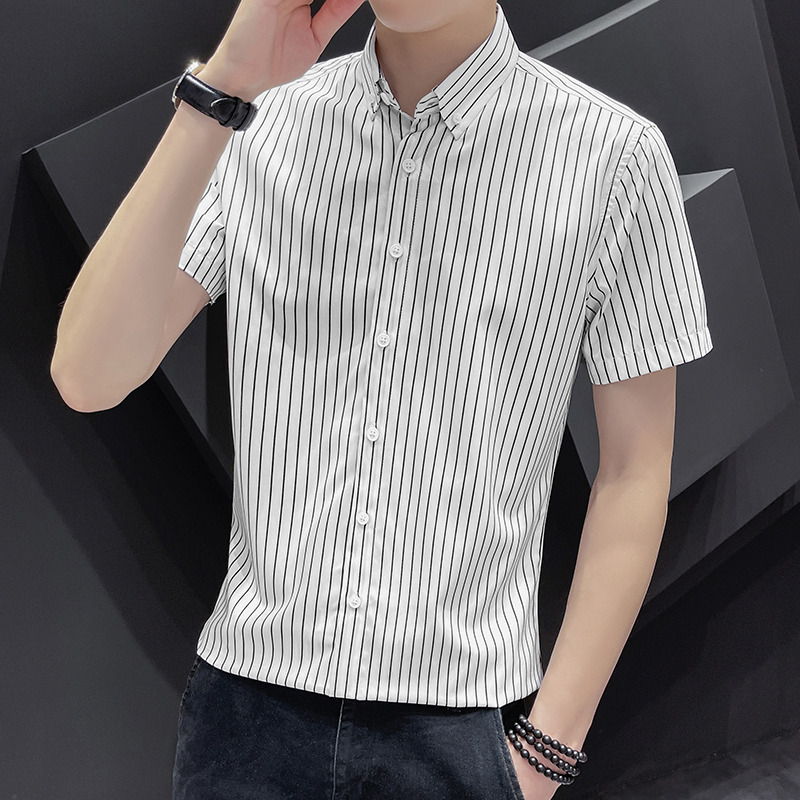 10698328.龙中龙 短袖衬衫男士夏季潮流百搭翻领寸衫商务休闲条纹衬衣男款