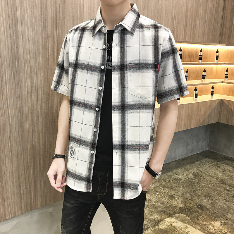 10697752.龙中龙 格子短袖衬衫男士夏季薄款潮流五分袖上衣休闲半袖衬衣外套男