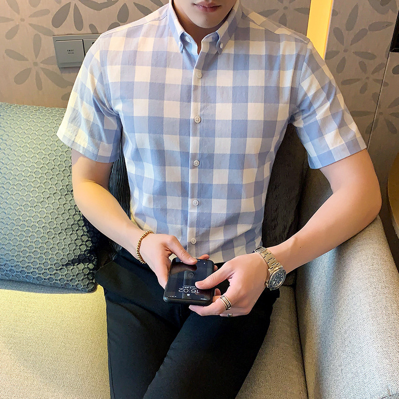 10698105.龙中龙 男士夏季格子衬衫短袖衣服休闲外套新款潮流衬衣男