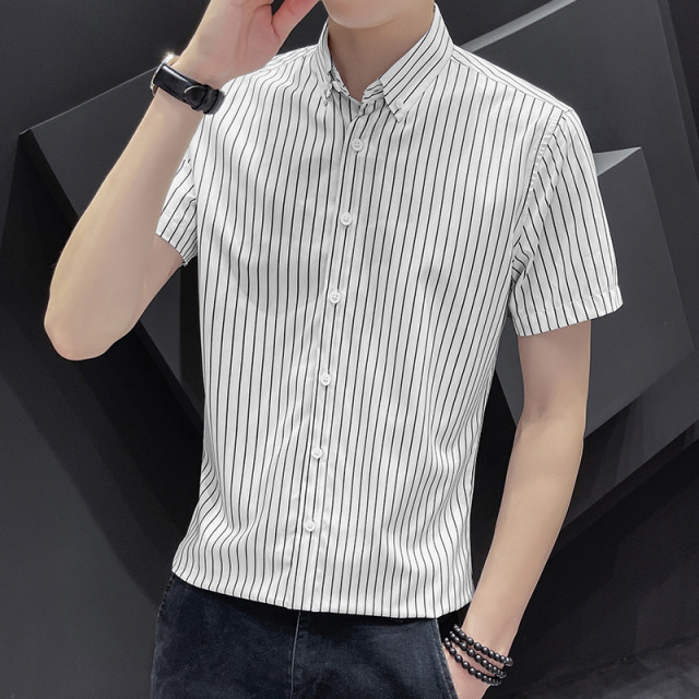 10698328.龙中龙 短袖衬衫男士夏季潮流百搭翻领寸衫商务休闲条纹衬衣男款