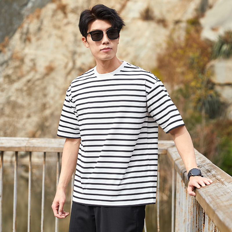 10777181.斯舒郎 夏季美式宽松上衣男生夏天圆领潮牌条纹衫短袖T恤
