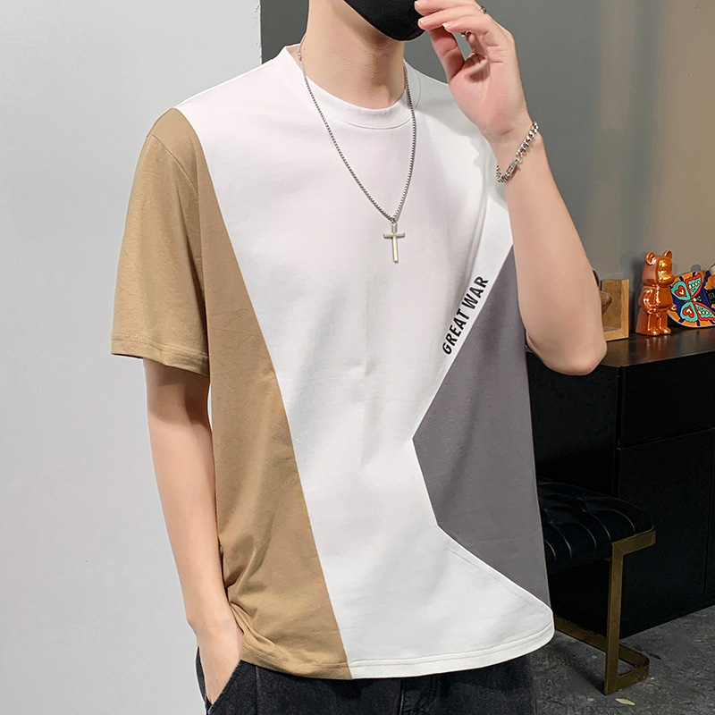 10783823.龙中龙 夏季新款时尚百搭潮流简约拼色T恤男士圆领半袖休闲短袖潮ins