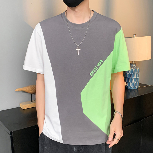 10783823.龙中龙 夏季新款时尚百搭潮流简约拼色T恤男士圆领半袖休闲短袖潮ins