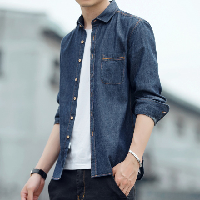 10987724.龙中龙 男生蓝色牛仔衬衫男秋季休闲工装外套牛仔衣衣服男款衬衣上衣男装