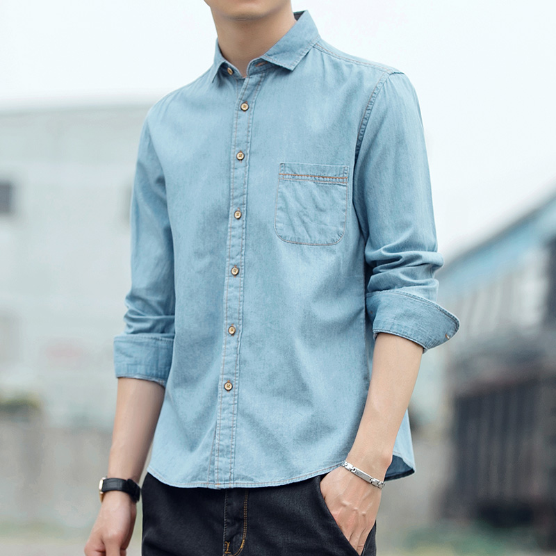 10987724.龙中龙 男生蓝色牛仔衬衫男秋季休闲工装外套牛仔衣衣服男款衬衣上衣男装