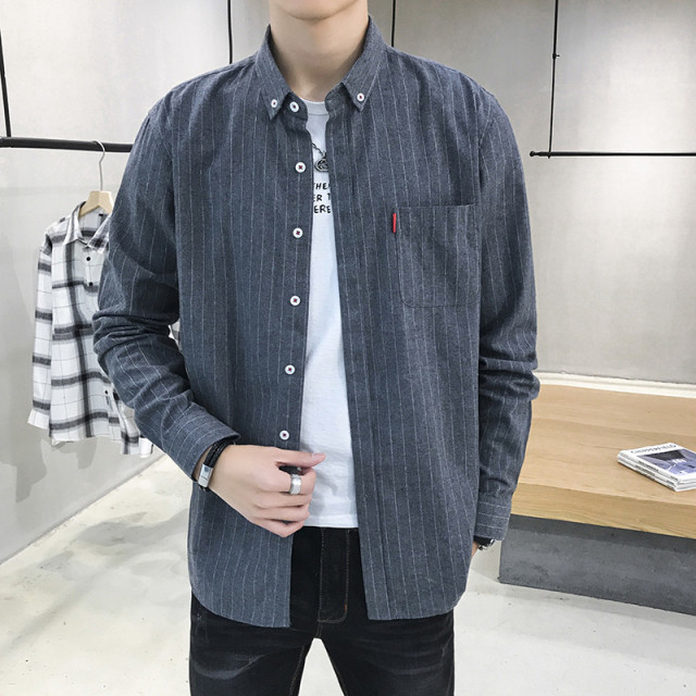 11011398.龙中龙 条纹衬衫男长袖春季新款休闲男装春秋款春装痞帅衬衣外套