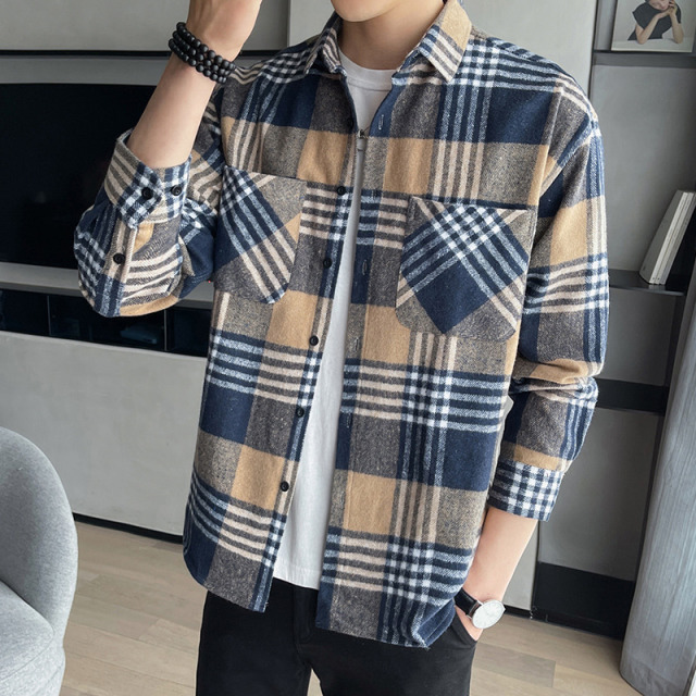 11019378.龙中龙 美式复古格子衬衫男夏季长袖条纹外套穿搭衣服