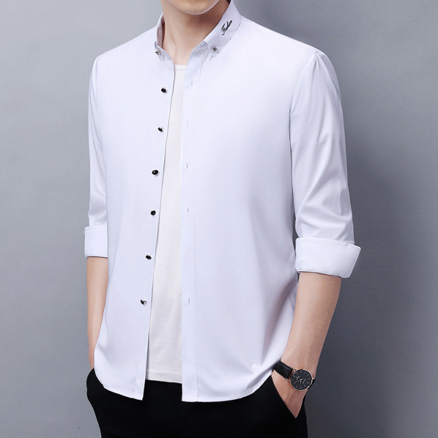 11017251.龙中龙 长袖衬衫男秋新款纯色商务休闲男士工装衬衣
