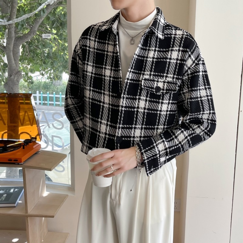 11019336.龙中龙 格子工装衬衫男士春秋款潮牌宽松翻领衬衣时尚休闲长袖夹克外套男